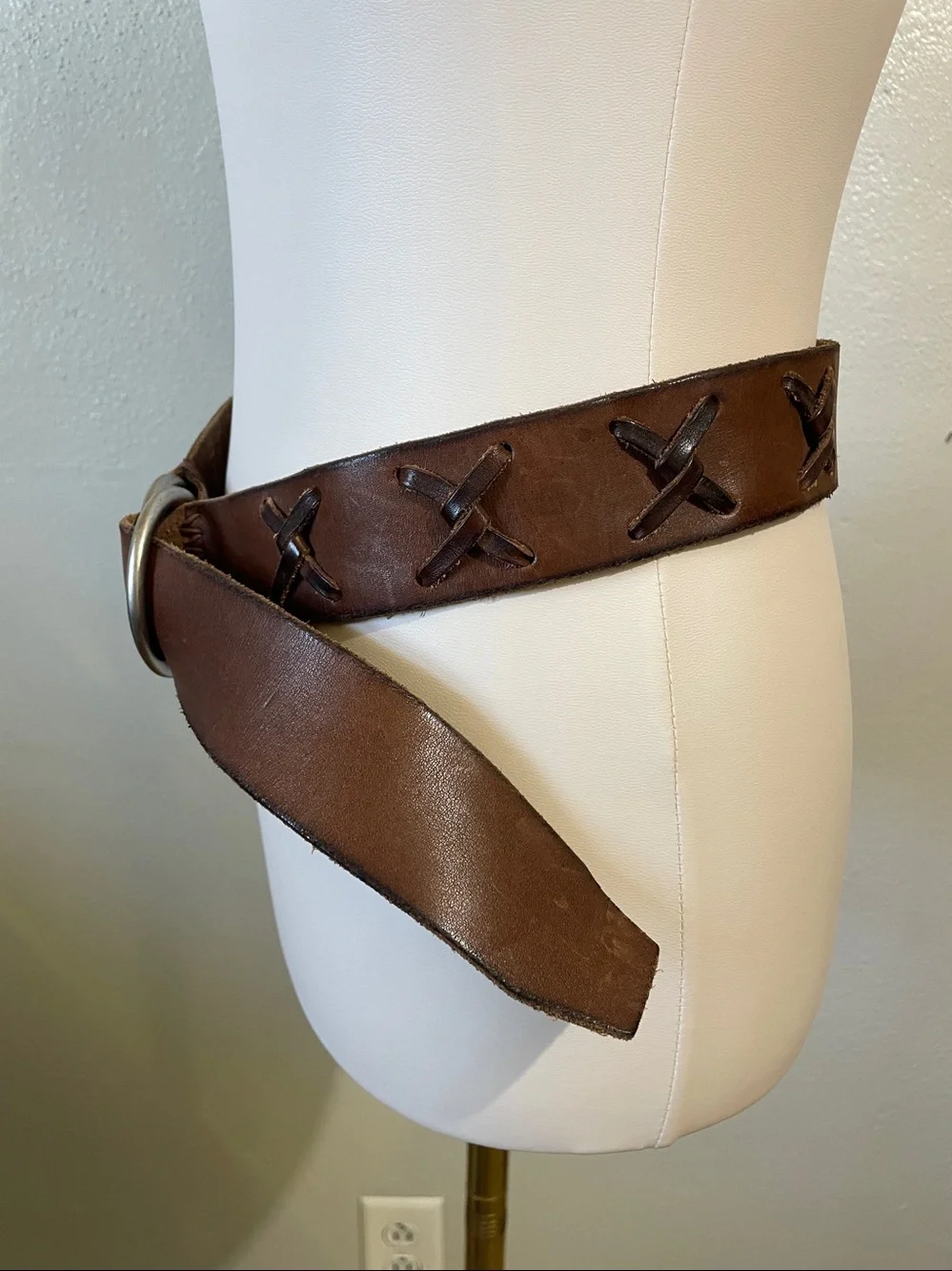 Boho Western Leather Ring Belt Zigzag Stitch Brown Medium Buckle Southwestern
